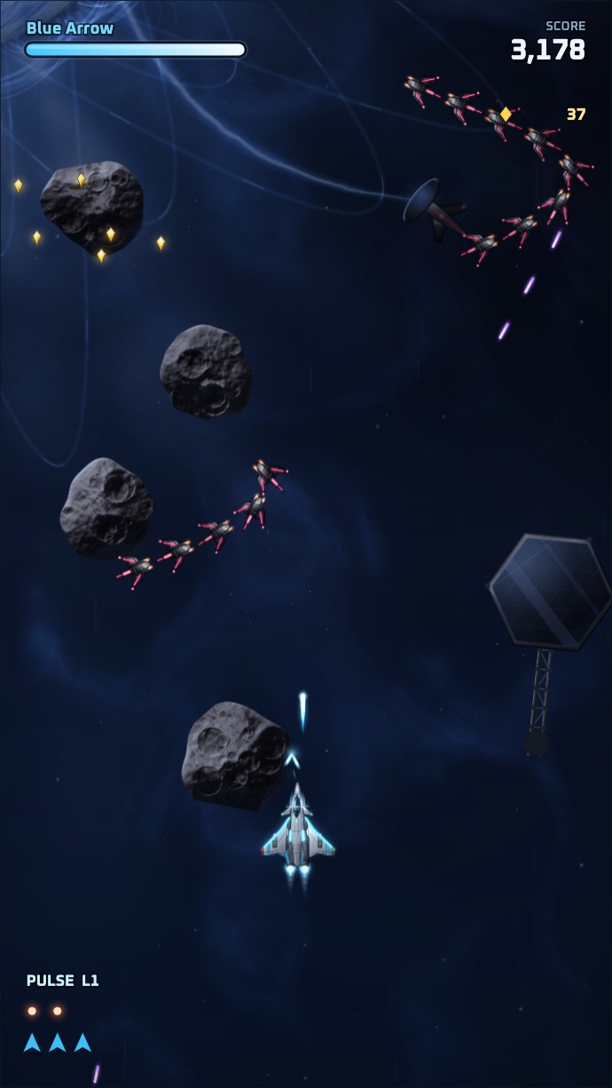 The Starlance weaving through asteroids and enemy formations near a solar array